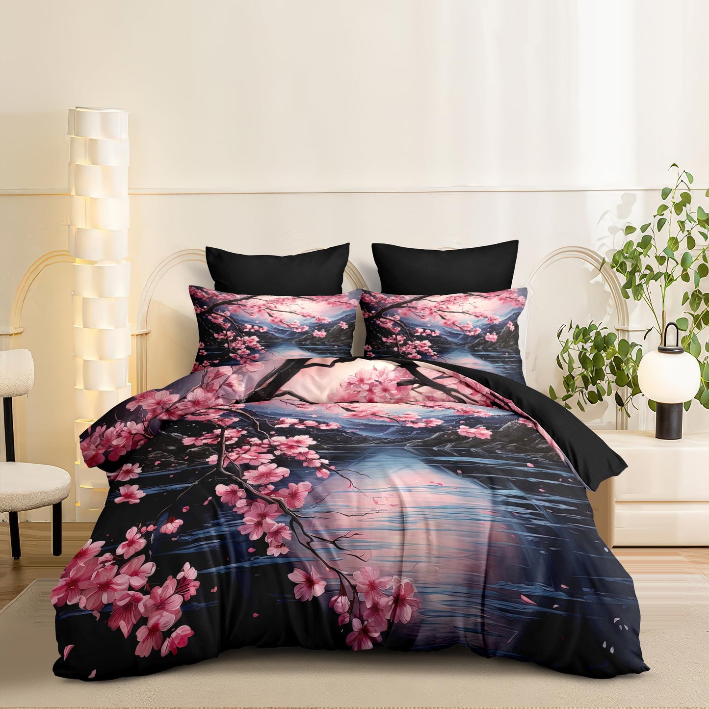 CCoutueChen Cherry Blossoms Bedding Set Queen Size, Black Pink Japanese Comforter Set for Girls, 3Pcs Soft Microfiber Quilted Set with 2 Pillowcases, 90"x90"