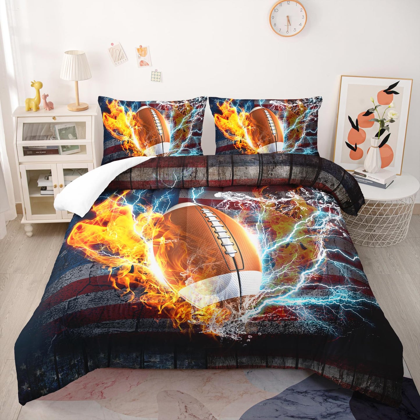 Nttopship Football Comforter Sets Twin Size, Bedding Sets for Kids,US Flag and Fire Football Comforter Sets All Season 1 Comforter and 2 Pillowcases