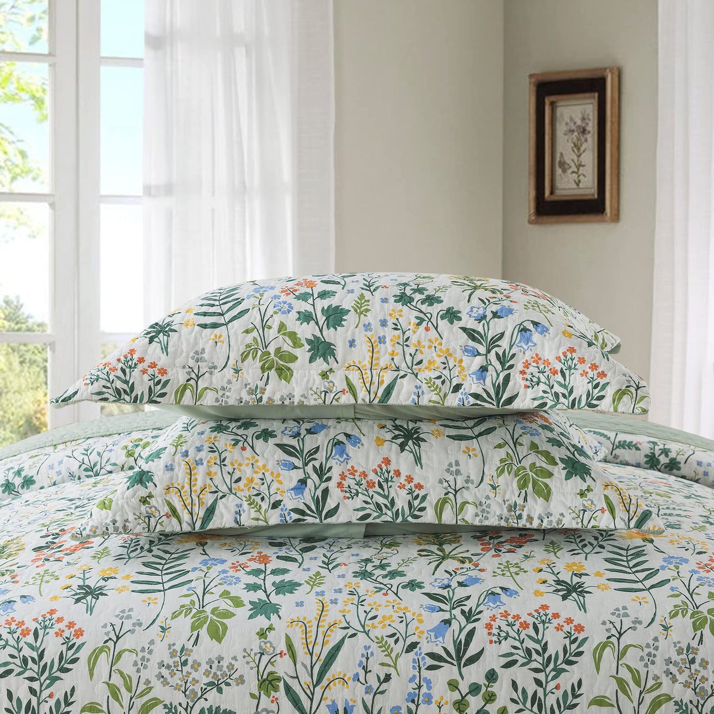 NEWLAKE Cotton Bedspread Quilt Sets-Reversible Patchwork Coverlet Set, Green Classic Floral Pattern, Queen Size