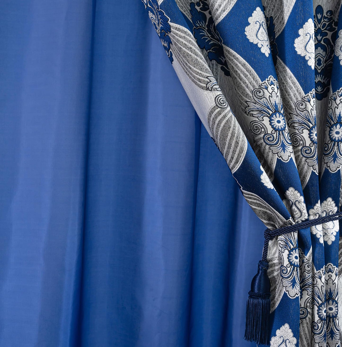 Petrichor Elegant Curtains with Gold Silver Threads 2 Panels Set - Luxury Window Treatment Attached Valance, Sheer Backing, and 2 Tie Backs for Bedroom and Living Room, 54x84 inches, Navy