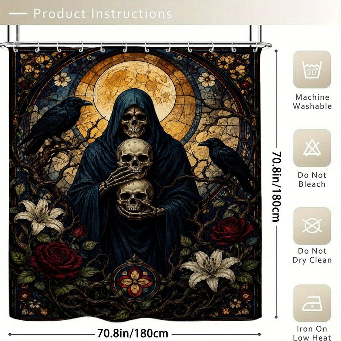 bladesgsd Gothic Skulls and Ravens Stained Glass Art Shower Curtain with 12 Hooks 72x72Inch, Polyester Bathroom Curtain, Privacy Shower Curtain for Bathtub, Shower Stall, Apartment, Guest Bathroom