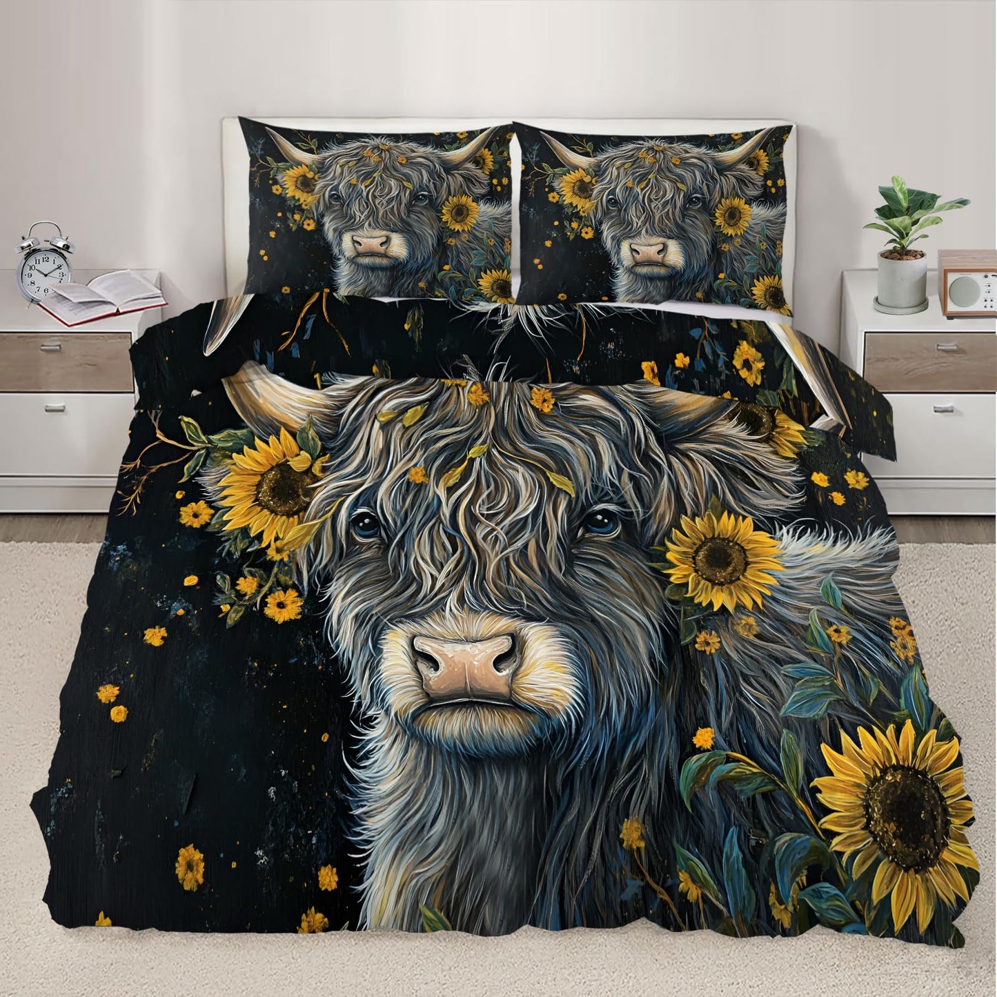 PAISUOQ Cow Print Bedding, Rustic Sunflower Duvet Cover Full, Farmhouse Cow Comforter Cover with Zipper Ties, 3 Pieces with 2 Pillowcases, Home Decor & Gifts