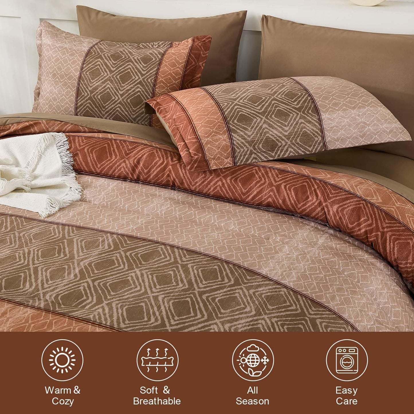 Dinjoy Boho Queen Comforter Set Red Brown,Lighrweight 7 Piece Bed in a Bag Queen Size Warm Striped Bedding Sets with Plaid Comforters Bed Set with Sheets for Family All Season