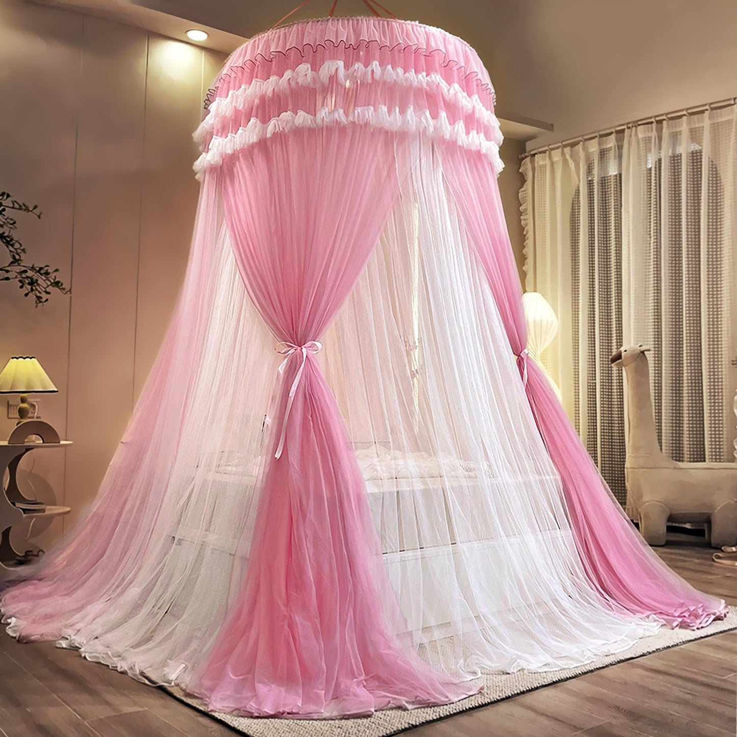 Kertnic Dreamy Bed Canopy for Girls, Princess Canopy Curtains Double Layer Sheer Mesh, Adults Canopies Netting Room Decor Tent Mosquito Net for Queen King Bed (Double Layer-Peach Pink)
