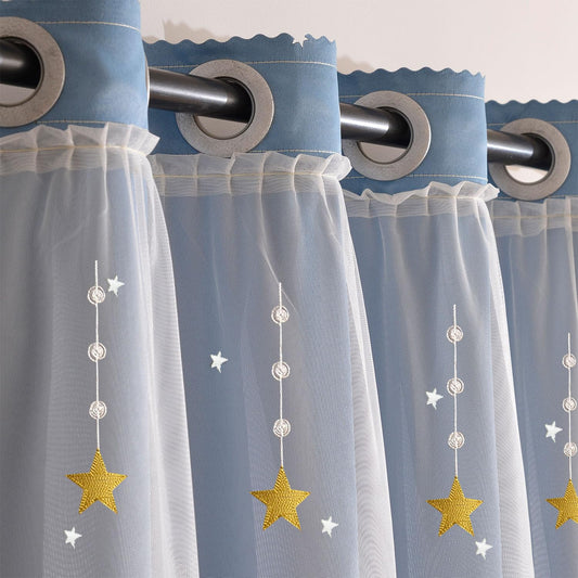 Blue Shooting Star Pattern Living Room Bedroom Blackout Insulated Double Layer Curtains for Girls Bedroom Kids Room Decor(47" W x 66.9" L)