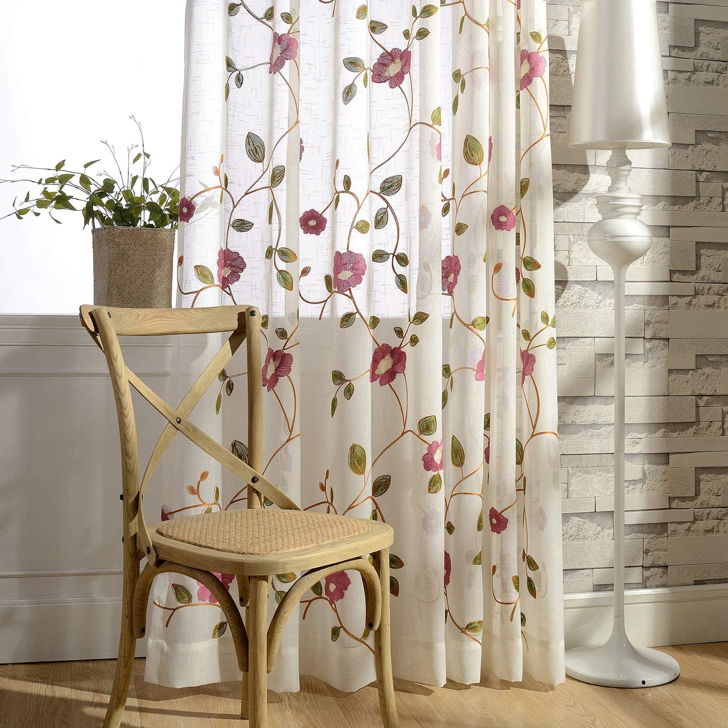 VOGOL Sheer Curtains 84 Inches Long, Red Floral Embroidered White Sheer Window Curtains for Living Room/Ding Room, Rod Pocket, W52 X L84, 2 Panels