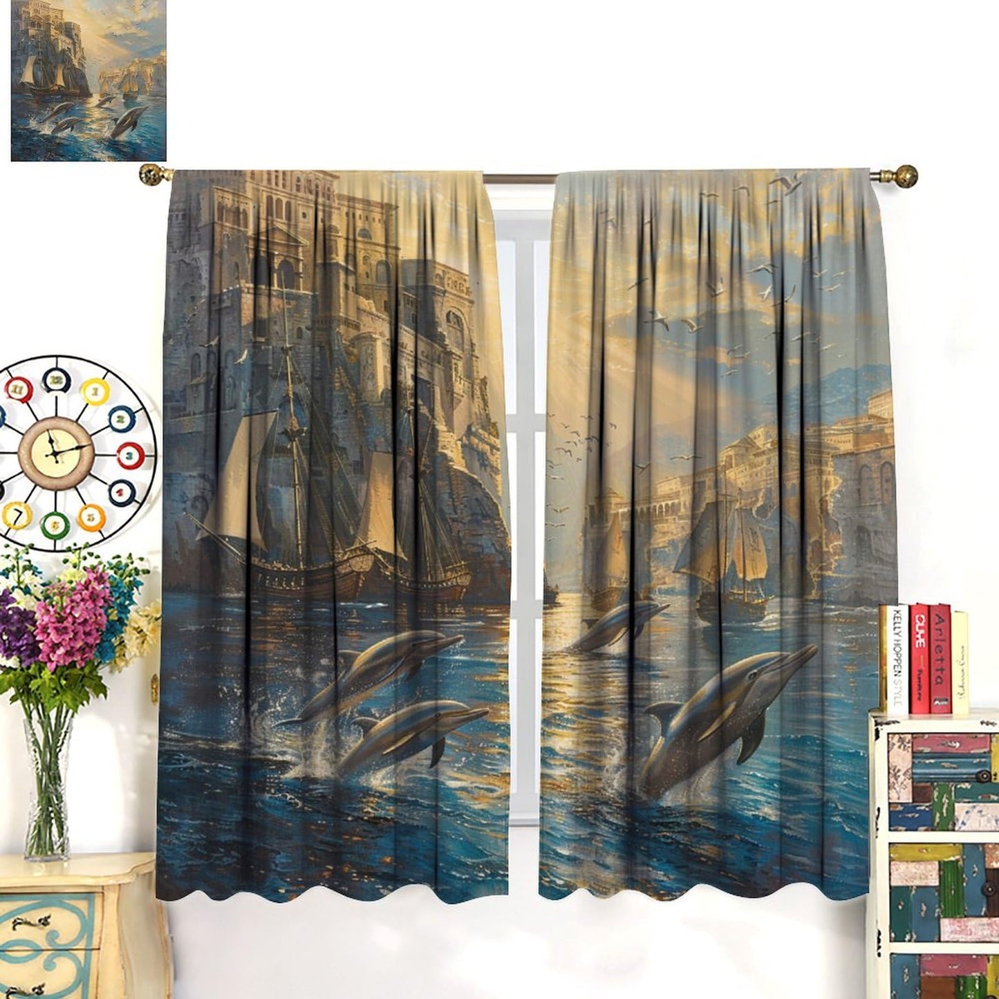 TOWINSFB Cute Dolphin Sailboat Blackout Curtains for Bedroom Living Room, Vintage Building Ocean Pirate Ship Thermal Insulated Room Darkening Curtain - 42" W x 45" L