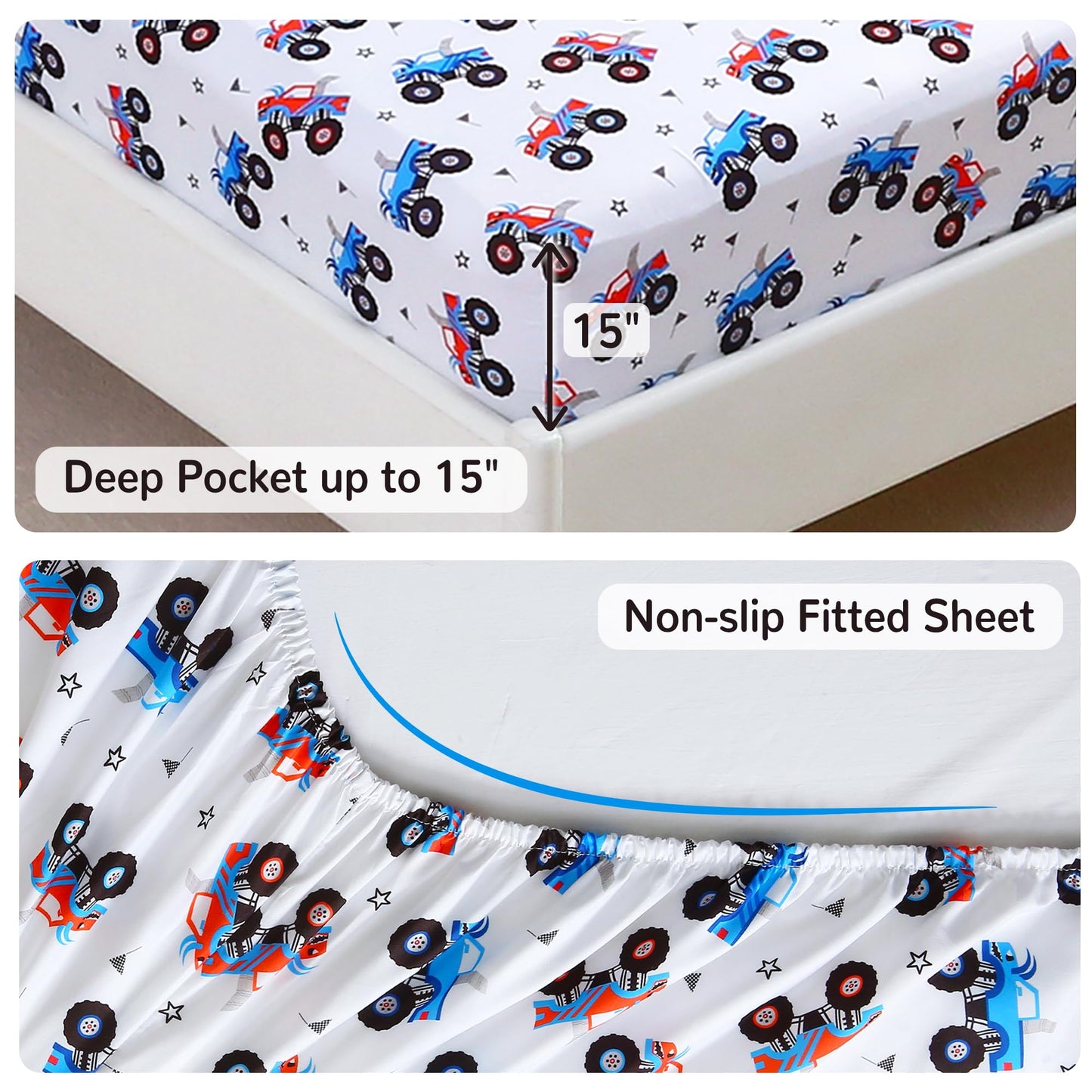 Viviland Kids Twin Bedding Sets for Boys, Soft Twin Comforter Set with Sheets, 5 Pieces Microfiber Bed in a Bag, Monster Truck