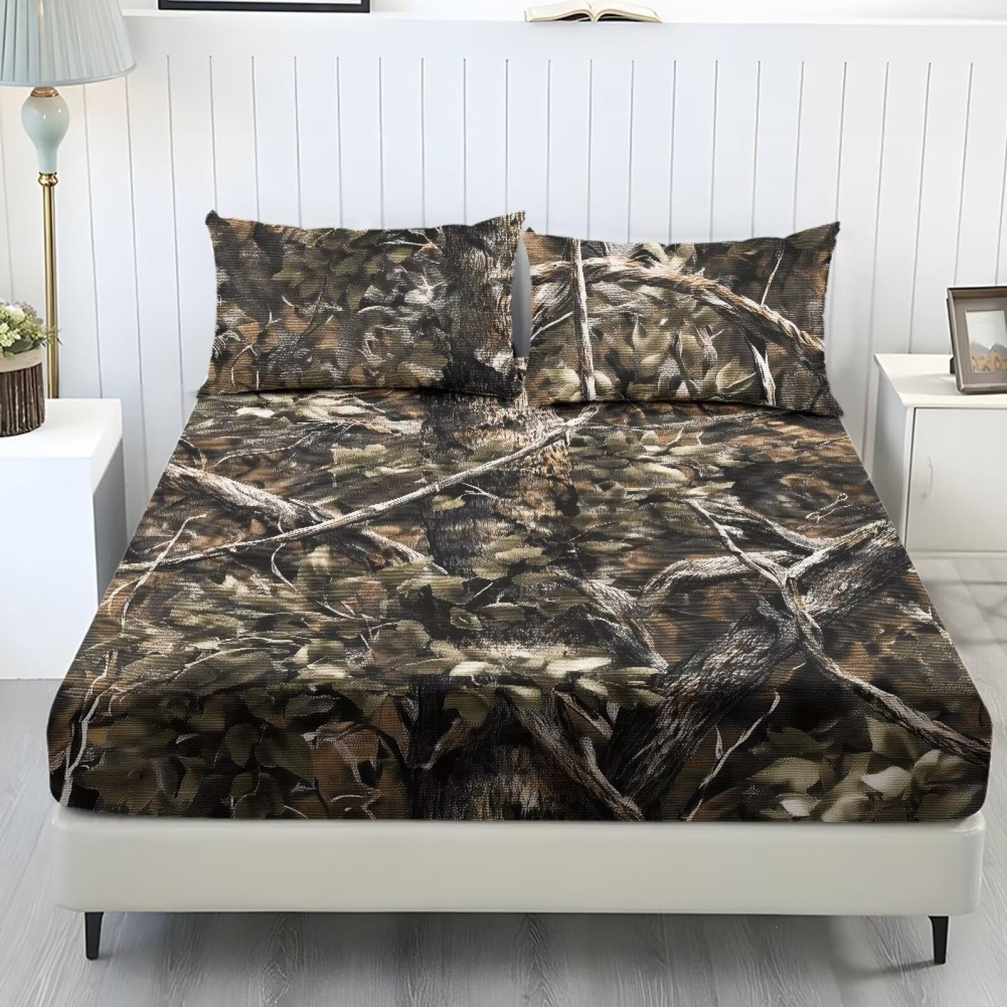 ZDCUSTOM XL Size 3 Piece Sheet Set Stay in Place Fade Stain Resistant Cooling Bed Sheets with All Around Elastic Cozy Bedsheet & Pillowcases for Bedroom Decor Hunting Camo, 39" x 79"