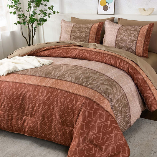 Dinjoy Boho Queen Comforter Set Red Brown,Lighrweight 7 Piece Bed in a Bag Queen Size Warm Striped Bedding Sets with Plaid Comforters Bed Set with Sheets for Family All Season