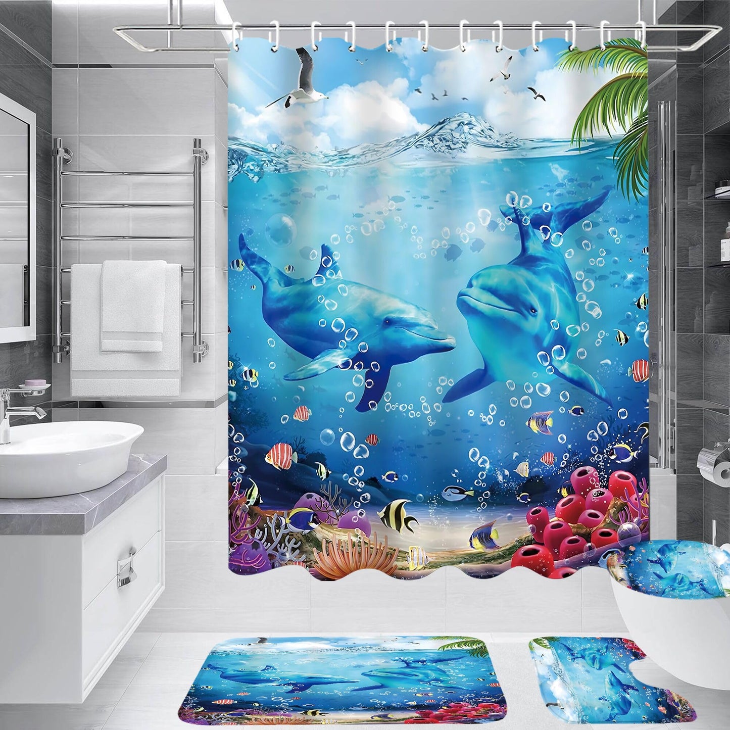 Yddsky 4Pcs Blue Ocean Dolphin Shower Curtain Sets with Rugs, Toilet Lid Cover and Bath Mat, Bathroom Shower Curtains Bathroom Decor Set