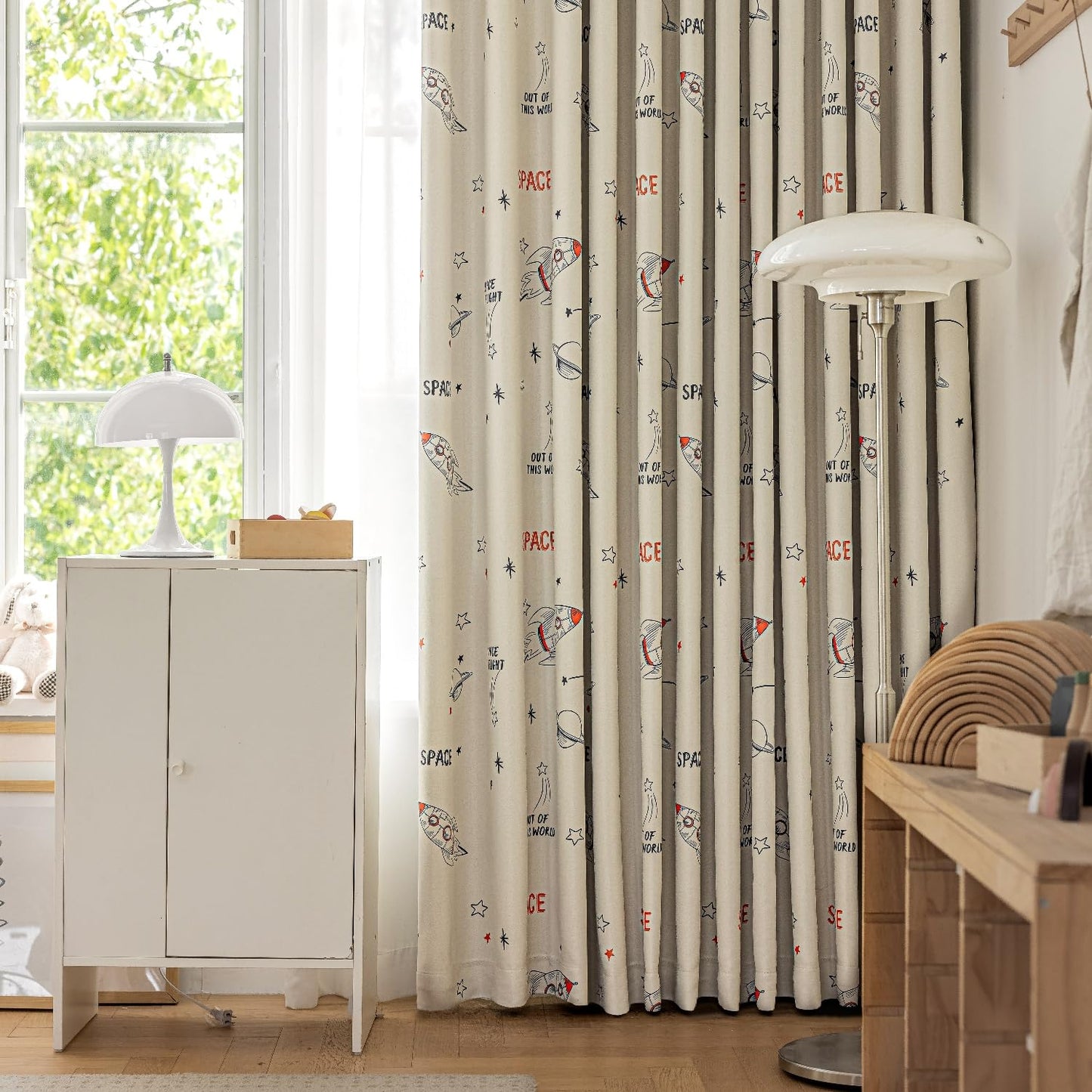 Cartoon Space Theme Pattern Semi Blackout Curtain for Kids Room Nursery