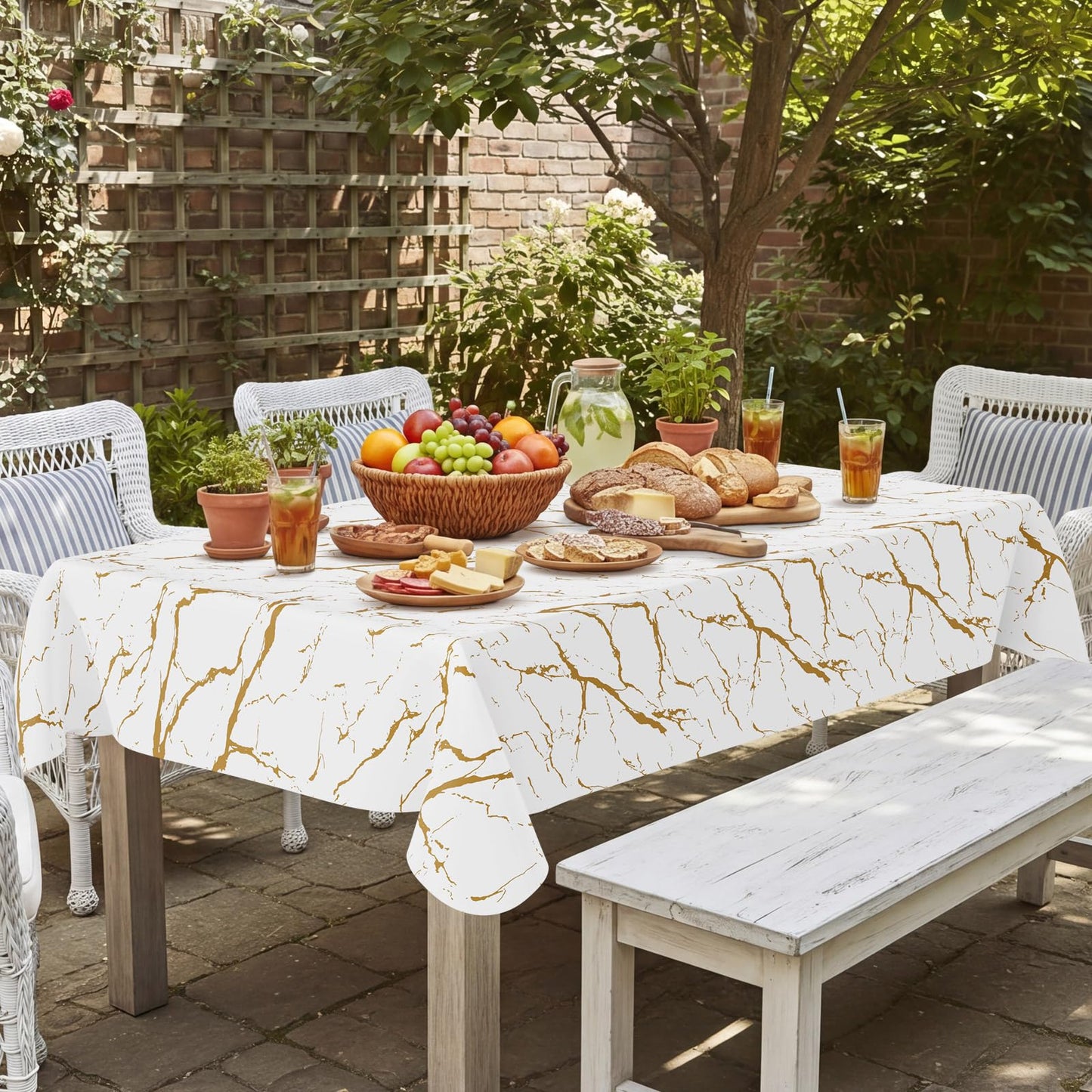 Smiry Rectangle Table Cloth, Waterproof Vinyl Tablecloths with Flannel Backing, Wipeable Spillproof Plastic Table Cover for Dinner and Outdoor (White & Gold, 60 "x 84")