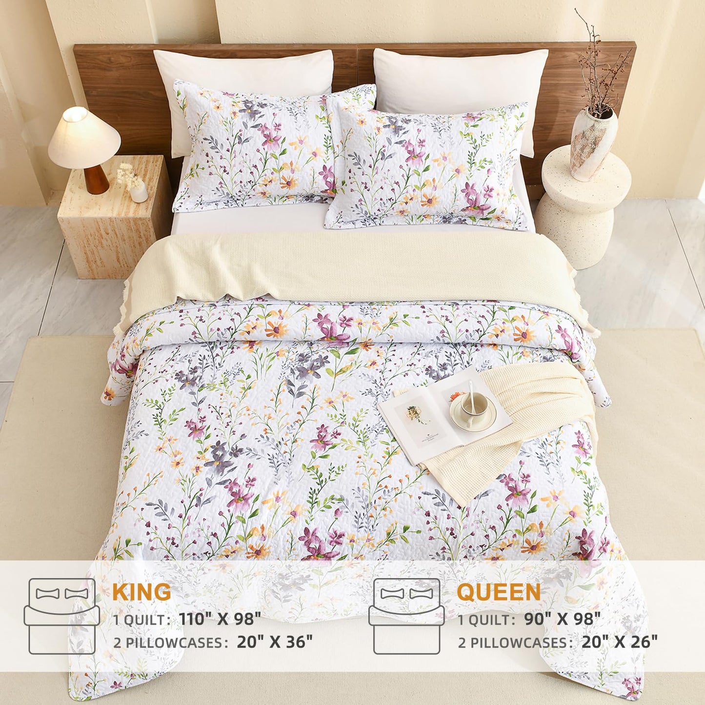Sanracie 100% Cotton Quilt Queen Size(90"x98")-Floral Quilted Bedspreads Set,3pcs Yellow Wild Flower Botanical Printed Pattern Quilt Bedding Coverlet Summer Soft Lightweight Aesthetic Bedding
