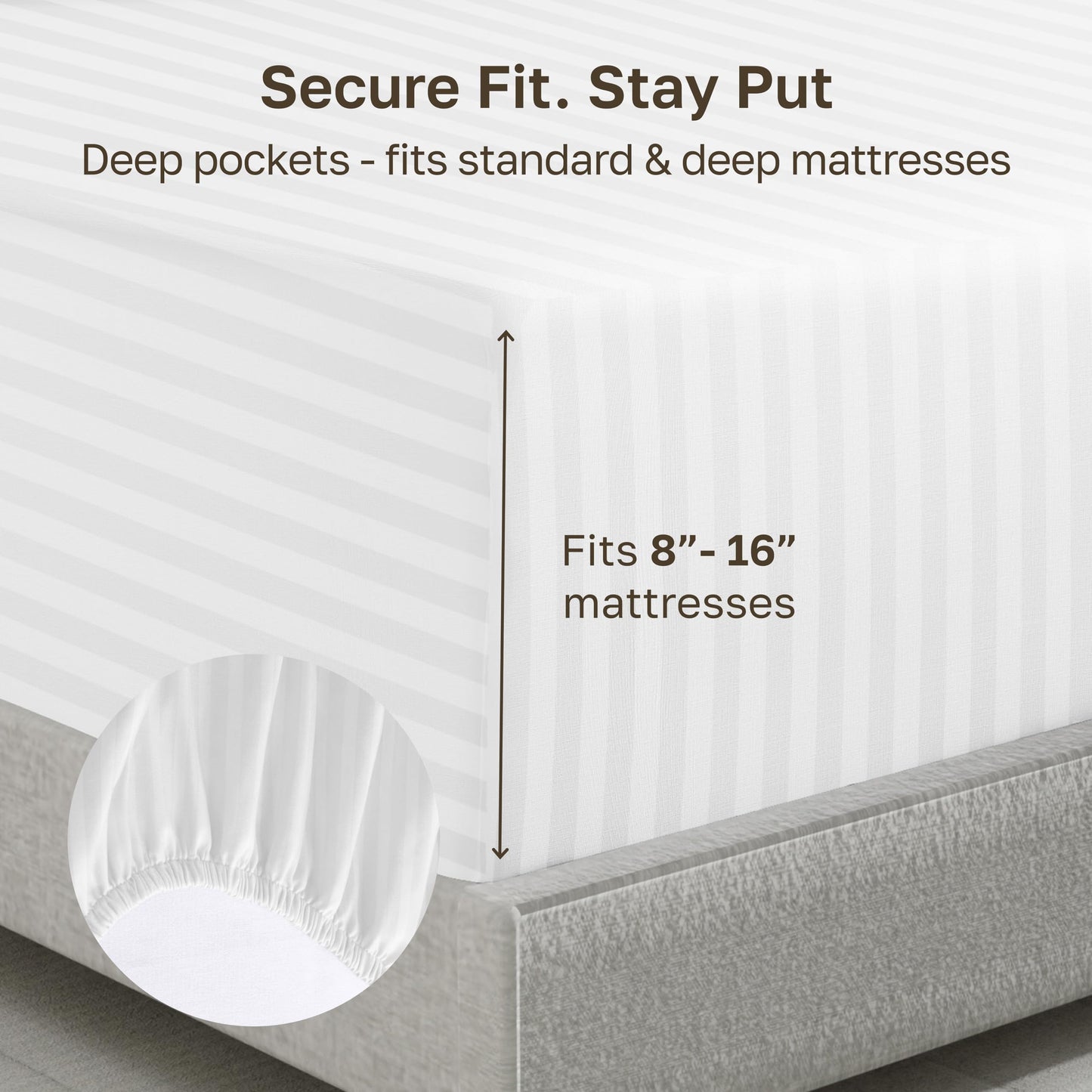 California Design Den Cotton Sateen Damask Stripe Queen Size Fitted Sheet Only - Soft 100% Cotton Sateen, Deep Pocket Bottom Fitted Sheet - White