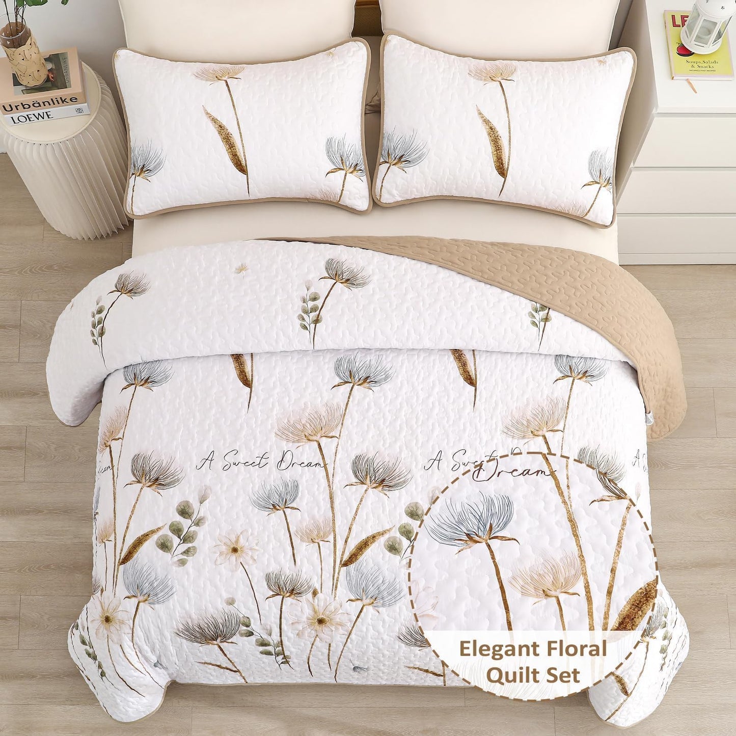 Dinjoy Floral Quilt Set Queen,Beige/Khaki Bedspread Queen Size 3 Pieces Lightweight Fall Quilts Microfiber Farmhouse Bedding Set Soft Flower Bedspreads White Coverlet Sets for All Seasons