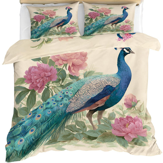 Peacock Duvet Cover Twin Size, Gorgeous Blue Birds Feather Comforter Cover 68" x 90", Vintage Floral Bedding Set with 2 Pillowcases