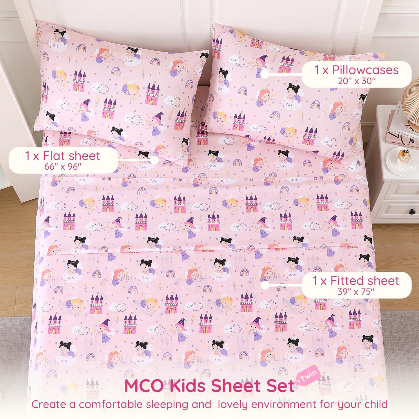 MCO Twin Sheets Set Kids, Soft Microfiber Bed Sheet Set for Boy Girls, 3 Pieces Breathable Twin Sheets Pink Fairy Castle