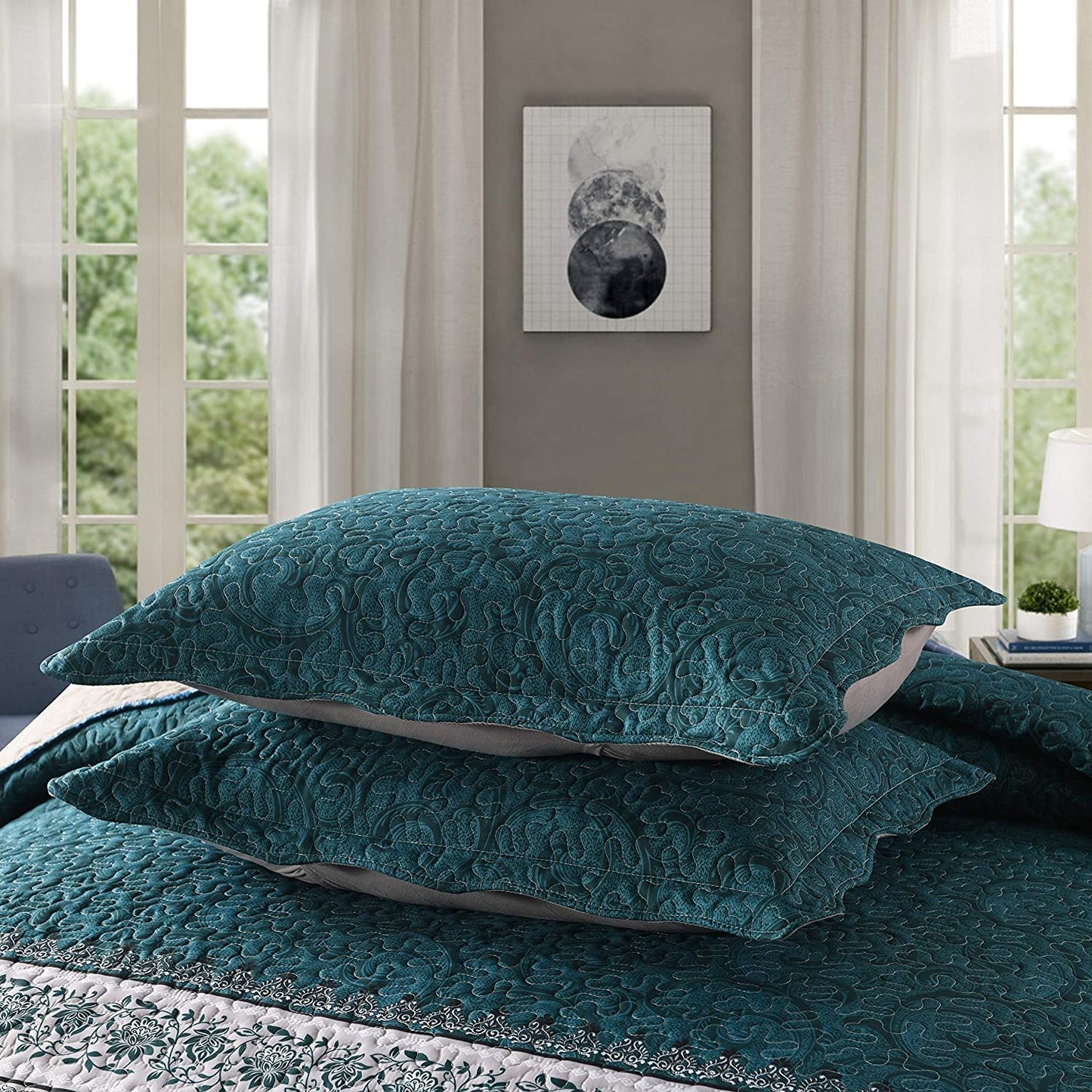 Travan 3-Piece King Quilt Set Quilted Bedspread Oversized Microfiber Soft Lightweight Bedding Set with Shams for All Season, Blue Ocean, King Size