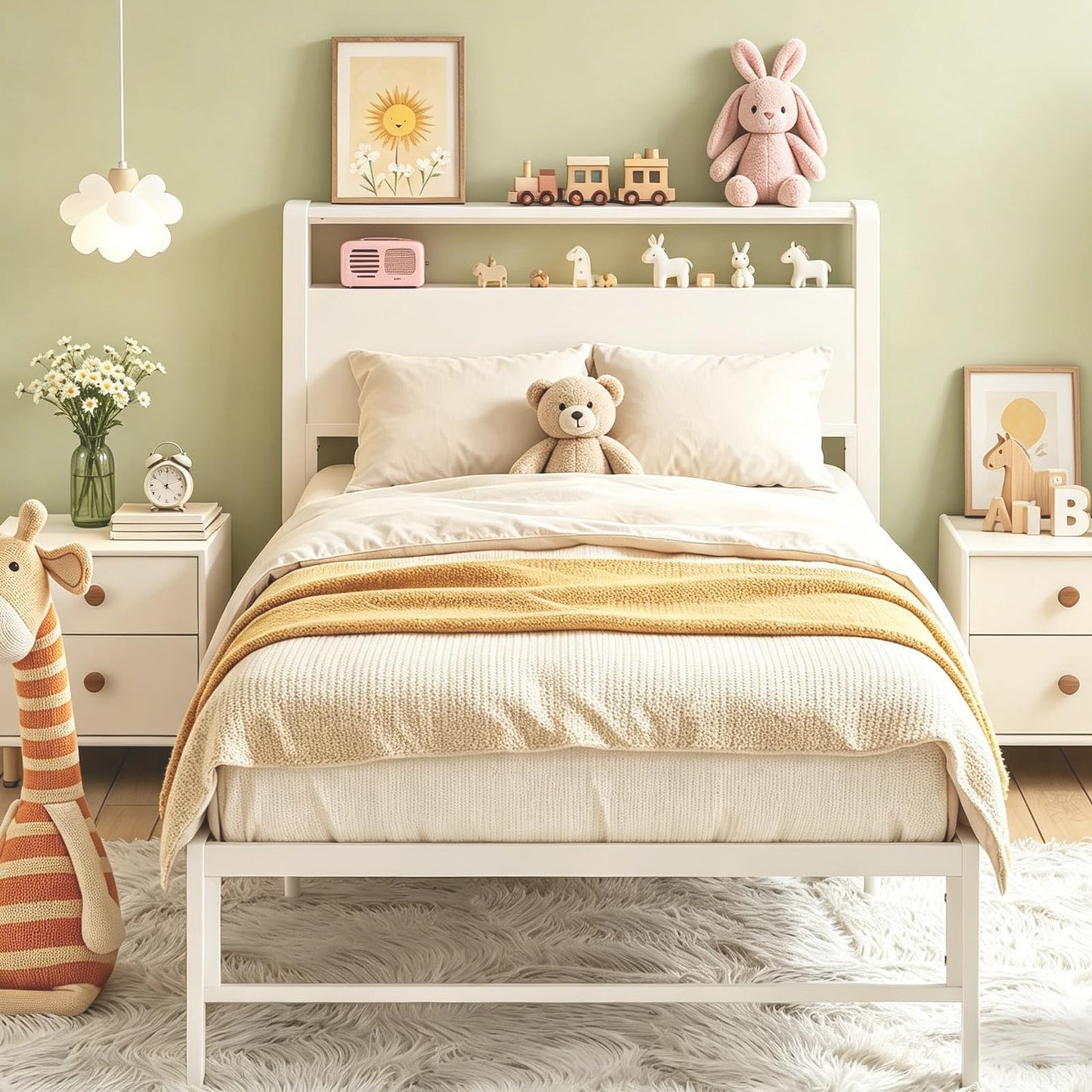 Weehom Twin Bed Frames for Kids, Twin Size Bed with 2 Tiers Wood Shelves Headboard No Box Spring Needed Easy Assembly Heavy Duty Metal Plaform, White