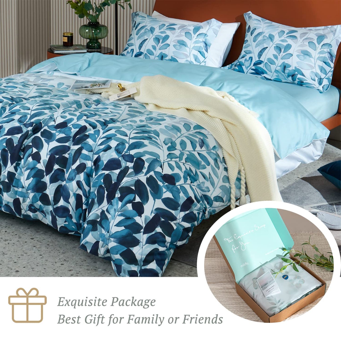 MILDLY 100% Long Staple Cotton Duvet Cover Set Navy Blue Leaves Printed Comforter Cover Set