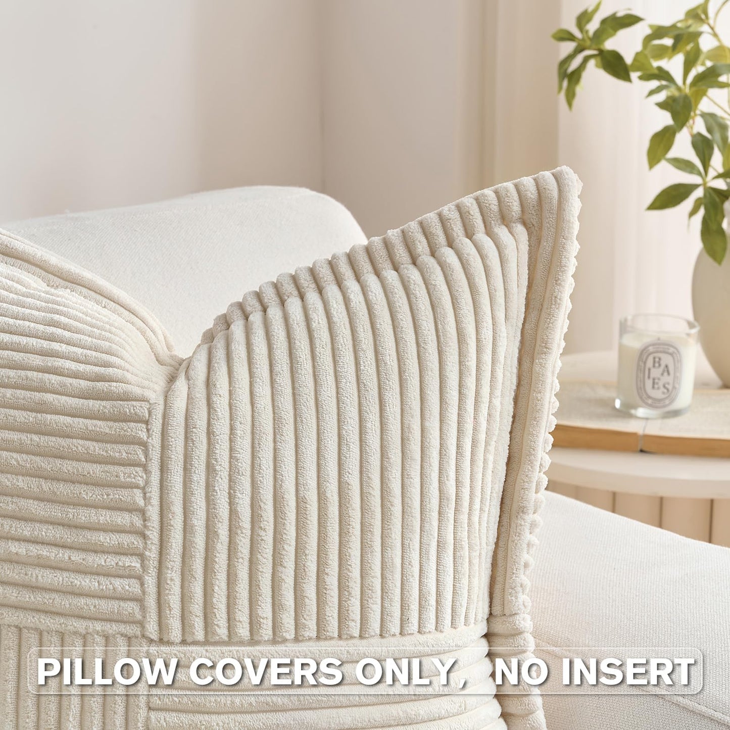 HAUSSY 2 Pack Pillow Covers 18x18 Inch, Corduroy Decorative Throw Pillows Soft Boho Striped Solid Couch Cushion Covers Home Decor Modern Pillow Cases for Living Room Sofa Bed, Beige (Covers Only)