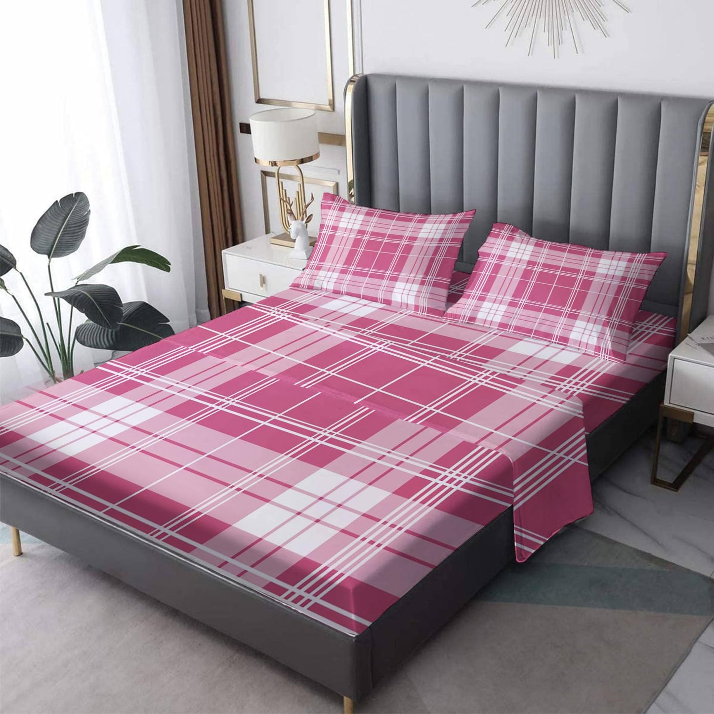 zcsm Pink and White Buffalo Check Sheets Queen Sheet Set - Gingham Bed Sheets, Soft Microfiber & Deep Pocket & Wrinkle Free Bedding Sheets & Pillowcases, 1 Fitted Sheet, 1 Flat Sheet, 2 Pillow Cases