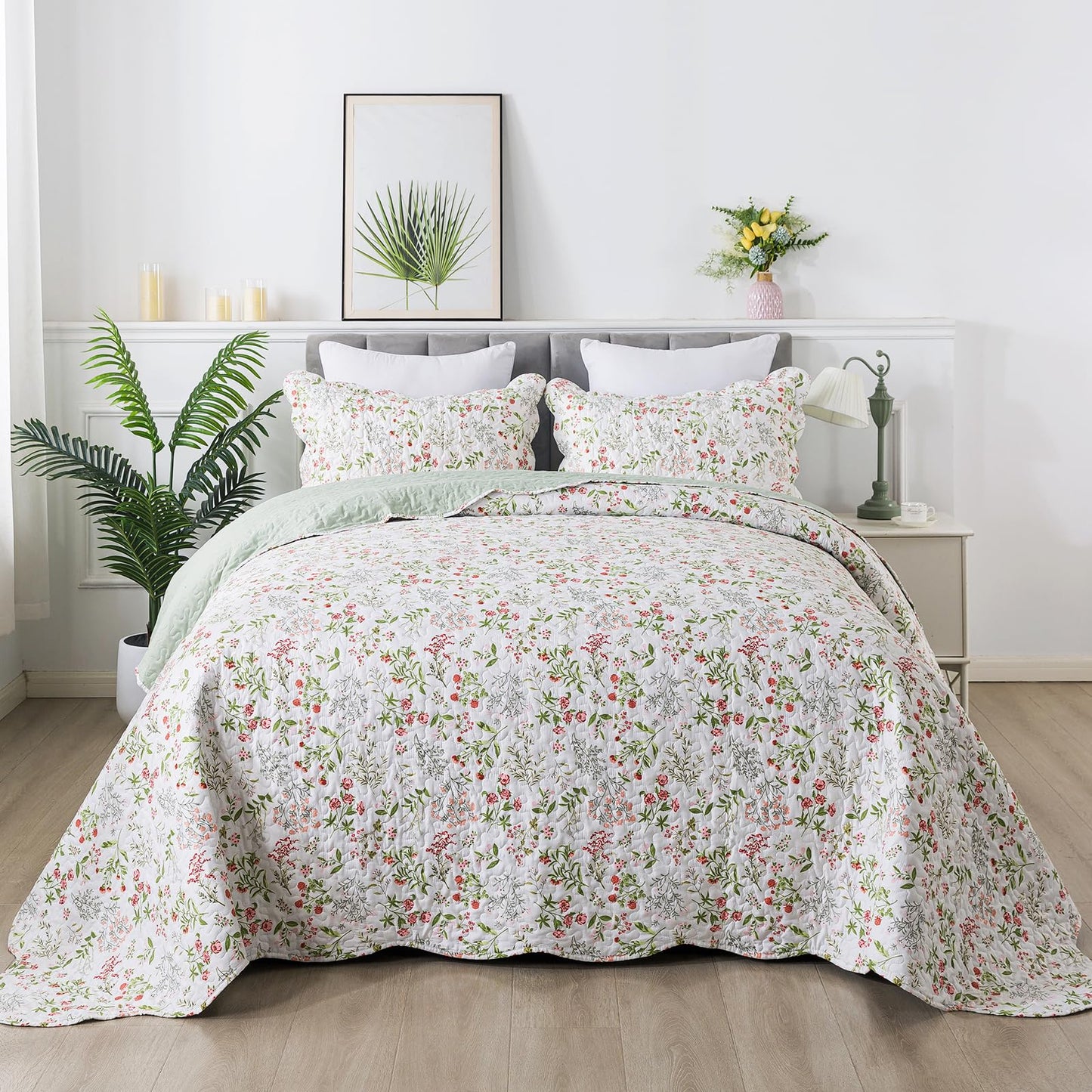 Travan 3-Piece Quilt Set Quilted Bedspread Lightweight Coverlet Set Garden Style Floral Printed Oversized Quilted Bedding Set with Shams for All Season, Flower Sea, King Size