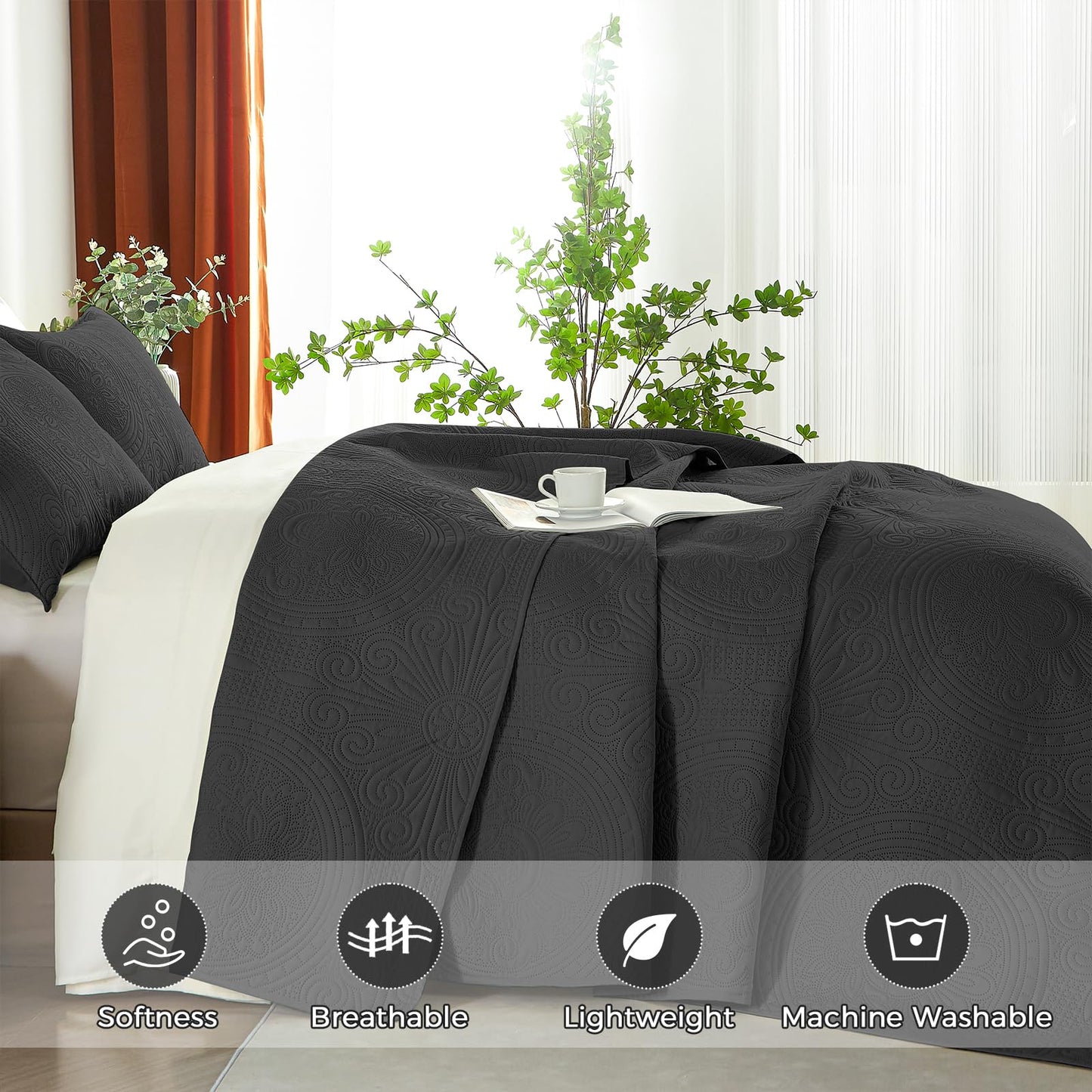 WURUIBO Twin Quilt Set Black,Ultrasonic Embossed Bedspread, Lightweight Microfiber Coverlet, Modern Thin Bedding Set for All Season, 2 Piece(1 Quilt,1 Pillow Shams)