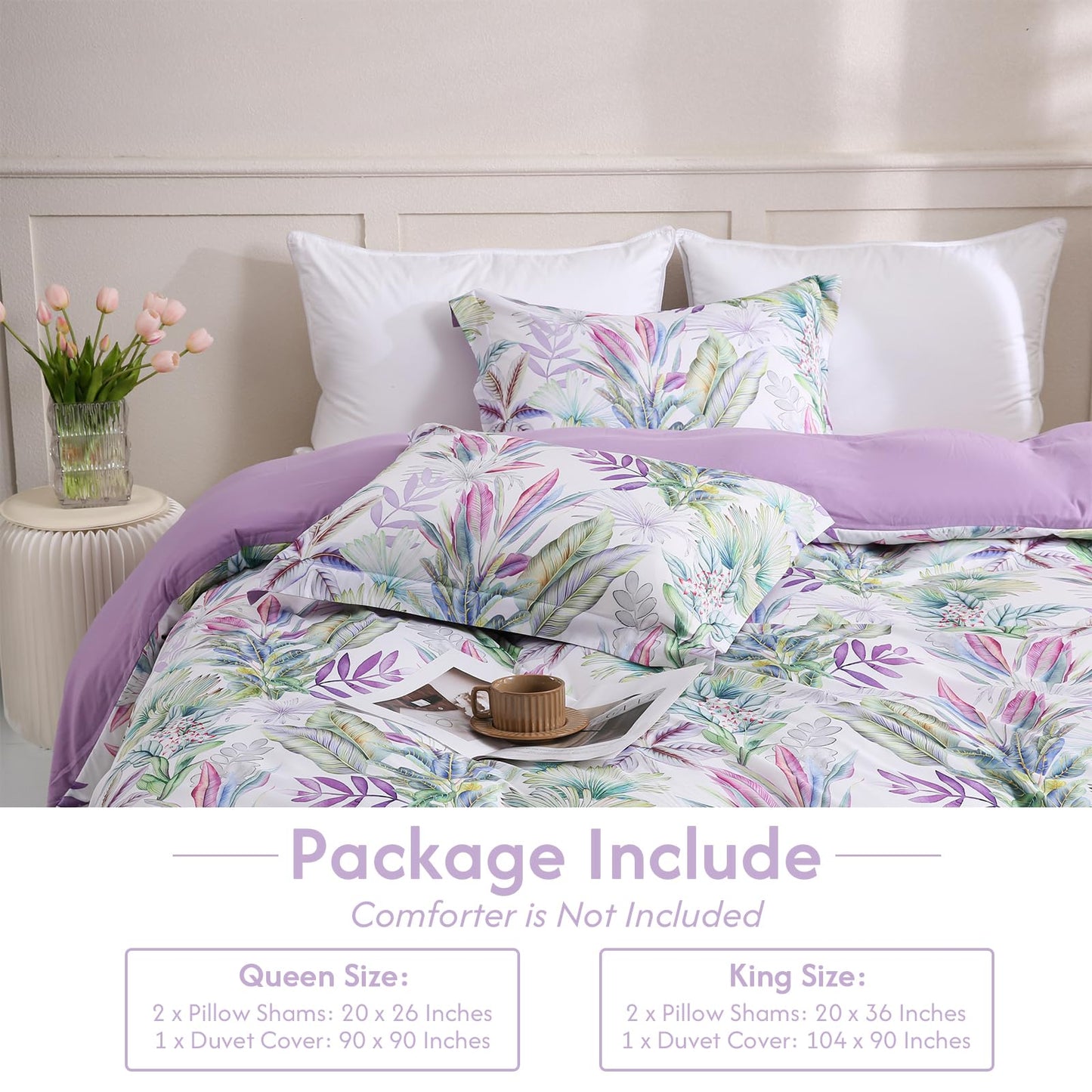LONAVA Queen Botaincal 3 Pcs Duvet Cover Set, Breathable Soft Microfiber Lavender Lining Comforter Cover with Zipper Closure, and 2 Anti-Pilling, Fade Resistant Pillowcases, Tropical