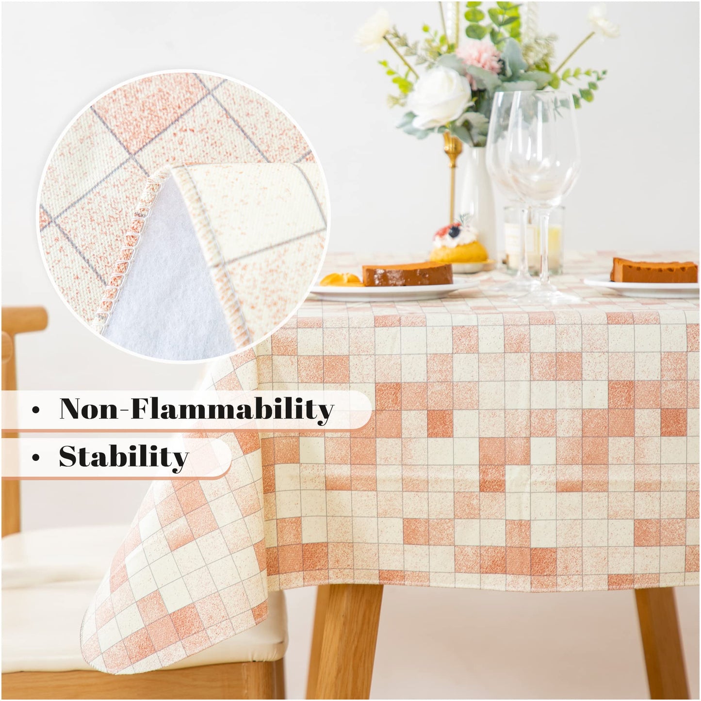 FIFTY FEET 70X52 Inch Rectangle Tablecloth, Vinyl Tablecloth with Flannel Backing Waterproof Table Cloth, Spill Proof Picnic Table Cover for Outdoor/Indoor/Camping/Dining(Beige Plaid)