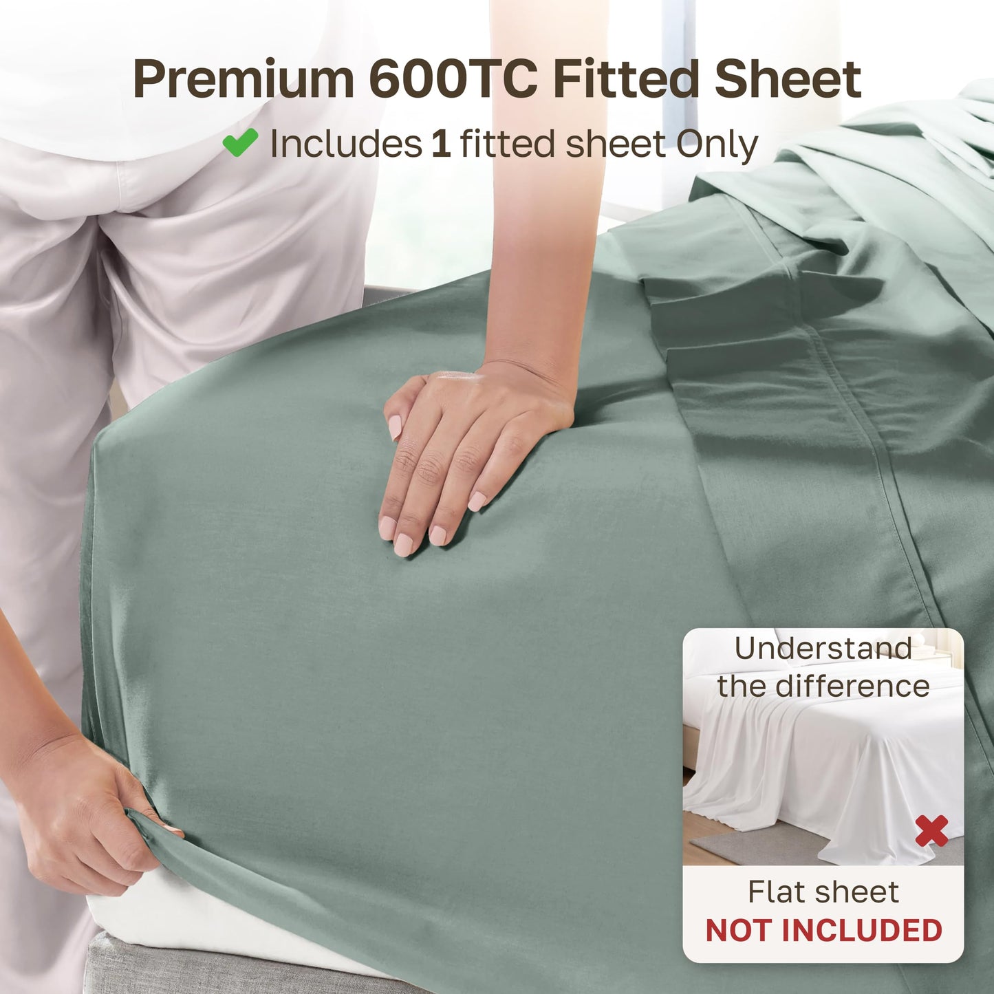 California Design Den Queen Size Fitted Sheet Only - 100% Cotton 600 Thread Count Sateen, Soft Deep Pocket Bottom Fitted Sheet, Premium-Feel Bedding, Smart Foot Side Indicator (Sage Green - Cool Tone)