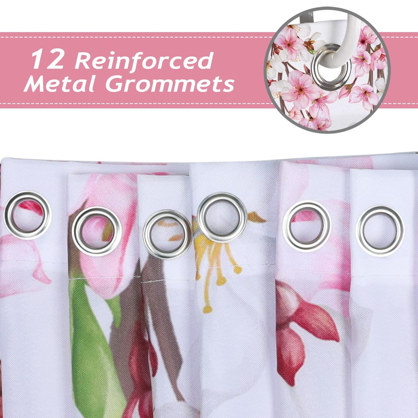 Bonhause Pink Cherry Blossom Shower Curtain, Spring Floral Japanese Sakura Bathroom Decor 72 x 72 Inch Polyester Fabric Waterproof Bath Curtain with 12 Hooks