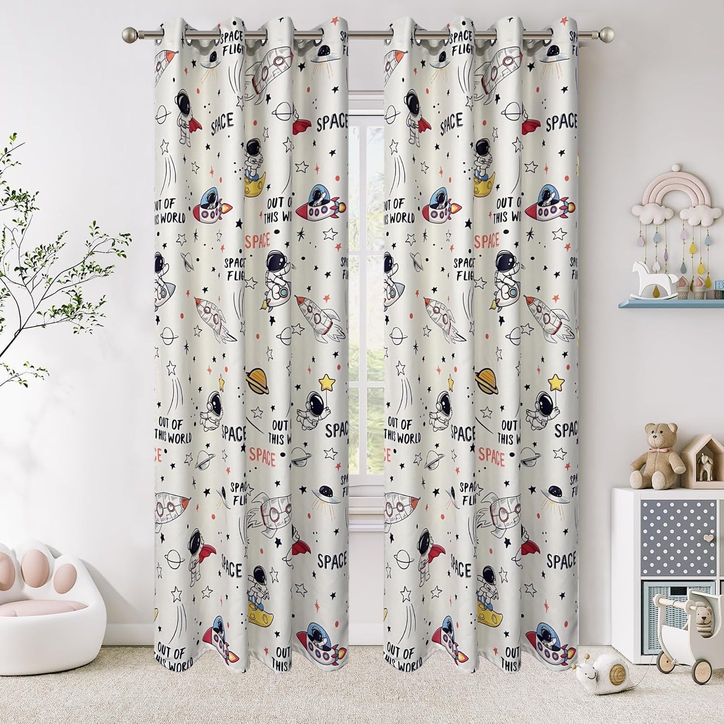 KMSG Cartoon Astronaut Theme Semi Blackout Curtains for Bedroom Living Room