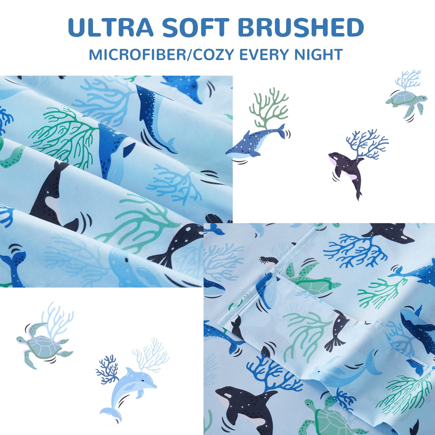 Viviland 3 Pieces Boys Blue Ocean Twin Sheet Set - Soft Microfiber Fitted Flat Sheets & Pillowcase - Blue Ocean Whales, Sea Turtles, Marine Organisms Bedding Sets - for Kids & Toddlers