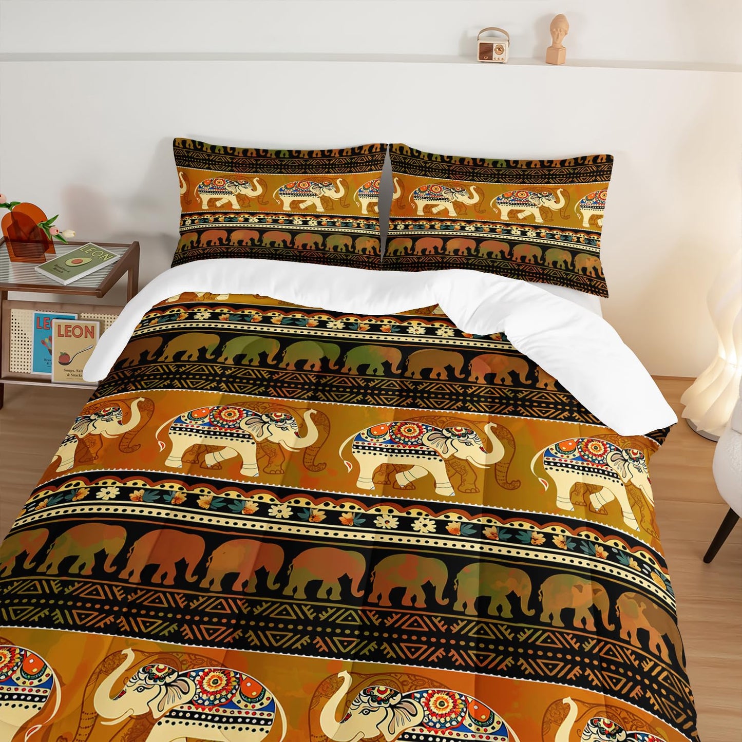 HOSIMA Western Bedding Sets Elephant Queen Comforter Set 3 Pieces,Brown Mandala Bedding for Teens Boys Girls Western Room Decor,Fluffy Lightweight Animal Boho Bedding with 2 Pillowcases.
