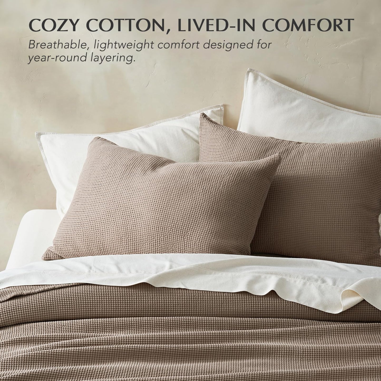 EverGrace 100% Cotton Waffle Bed Blanket King Size, Soft Premium Cotton Coverlet Set with 2 Matching Shams, Lightweight All Season Bedding Set, Oversized Bedspread 108x96, Truffle Taupe Brown