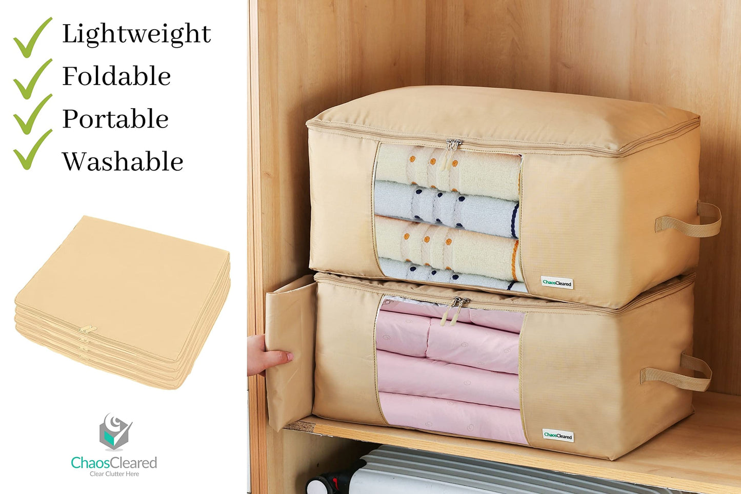 Comforter Storage Bag - Folding Organizer bag for King/Queen Comforters, Pillows, Blankets, Bedding/Quilt, Blanket, Duvet, Large Collapsible Organizers, 24"x14"x11" (Beige, 1-Pack)