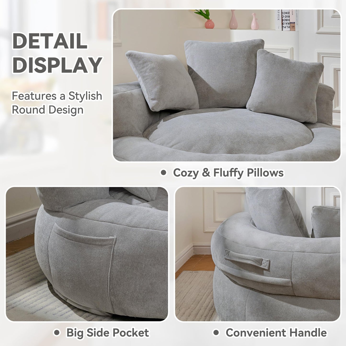 Lyon Sence Bean Bag Chair, Big Beanbag Chairs with 3 Pillows, Oversized Bean Bag Chair for Living Room, Large Beanbag Chairs for Teens Adults (Faux Fur in Light Gray, 52" D×52" W×21.2" H)