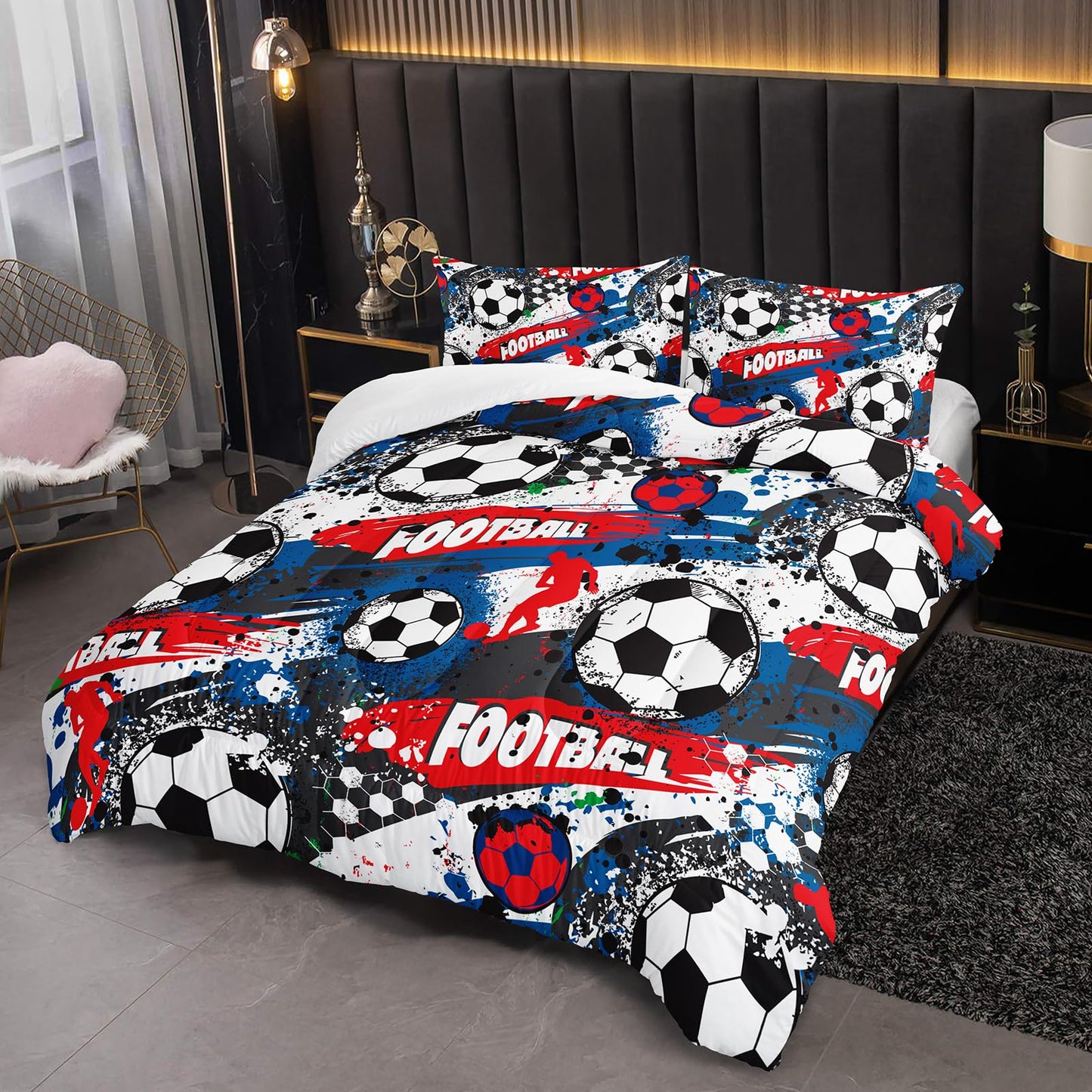 lneffble Full Size Comforter Set for Boys Soccer，Sport Full Bedding Sets for Boys with 1 Comforter with 2 Pillow Case