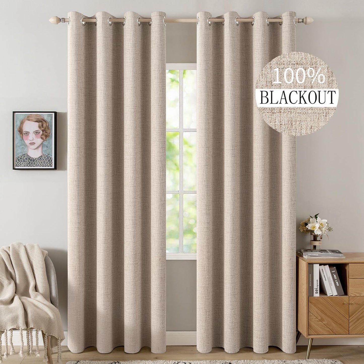 MIULEE 100% Blackout Linen Textured Curtains for Bedroom Solid Thermal Insulated Natural Beige Grommet Room Darkening Curtains & Drapes Luxury Decor for Living Room 52 x 84 Inch (2 Panels)