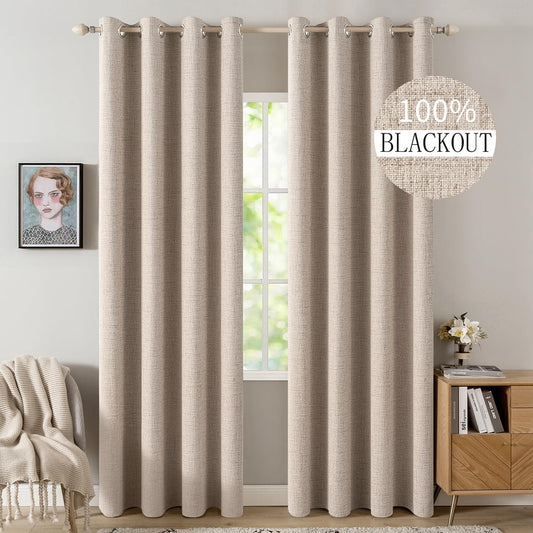 MIULEE 100% Blackout Linen Textured Curtains for Bedroom Solid Thermal Insulated Natural Beige Grommet Room Darkening Curtains & Drapes Luxury Decor for Living Room 52 x 96 Inch (2 Panels)