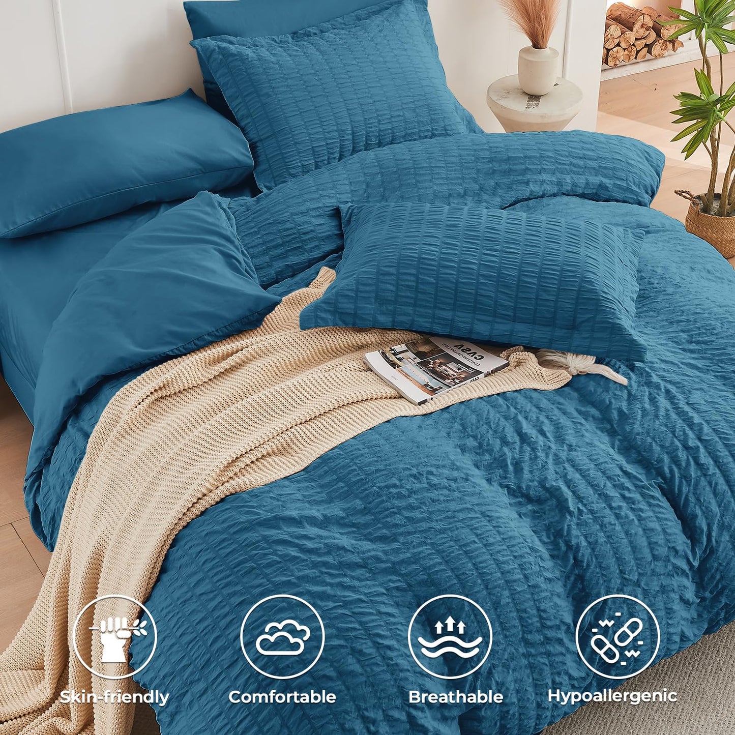 HYMOKEGE Teal Oversized Queen Comforter Set Seersucker 7 Pieces, All Season Luxury Bed in a Bag for Bedroom, Bedding Set with Comforter, Sheets, Pillowcases & Shams