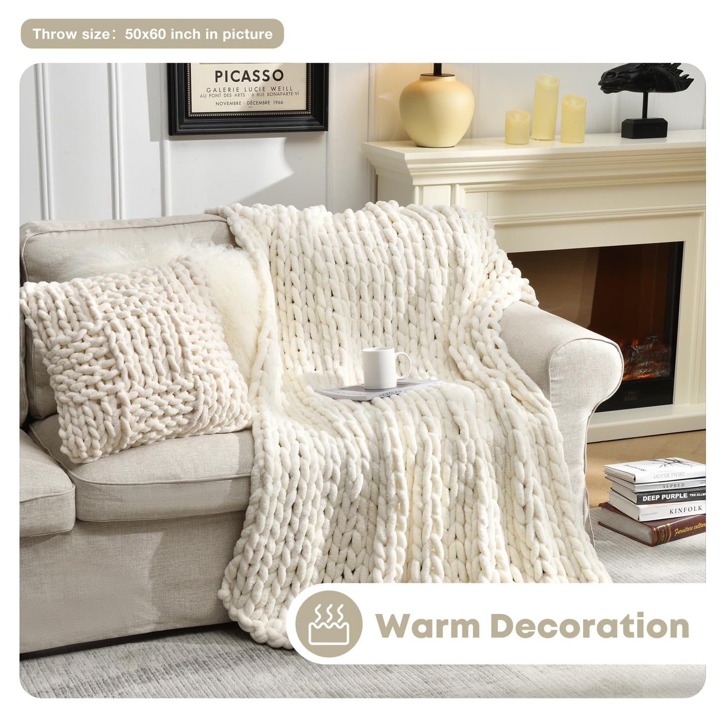 Feabuccy Soft Chunky Knit Blanket, 50X60 in Handmade Thick Chenille Yarn Throw Without Shedding & Raveling, Aesthetic & Cozy Home Decor with Couch Sofa Bed, Gift Pack, Ivory White