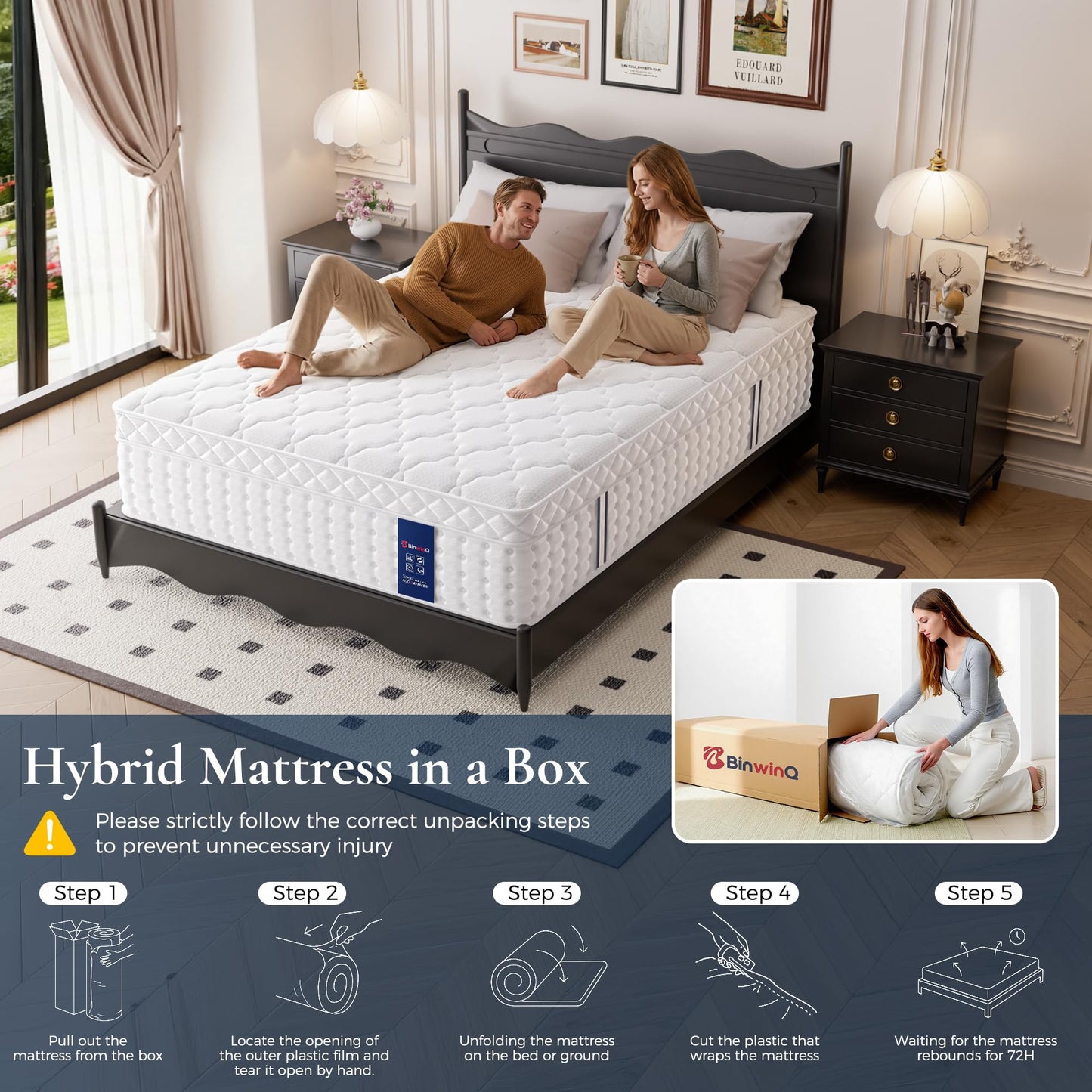 BinwinQ 12 Inch Full Size Hybrid Mattress in a Box, Plush Mattress with Memory Foam & Individually Pocketed Springs, Zoned Support, Pressure Relief & Comfort Sleep, CertiPUR-US Certified