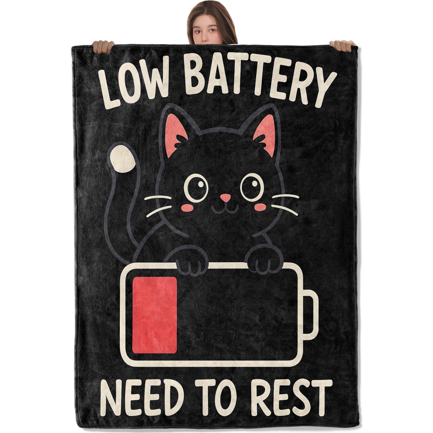 Wanoryer Low Battery Cat Blanket, Comfy & Warm Flannel Cute Black Kitten Throw Blanket for Couch, Gifts for Women Kids, Soft Fuzzy Lightweight Travel Bed Blankets for Decor 50"×60"