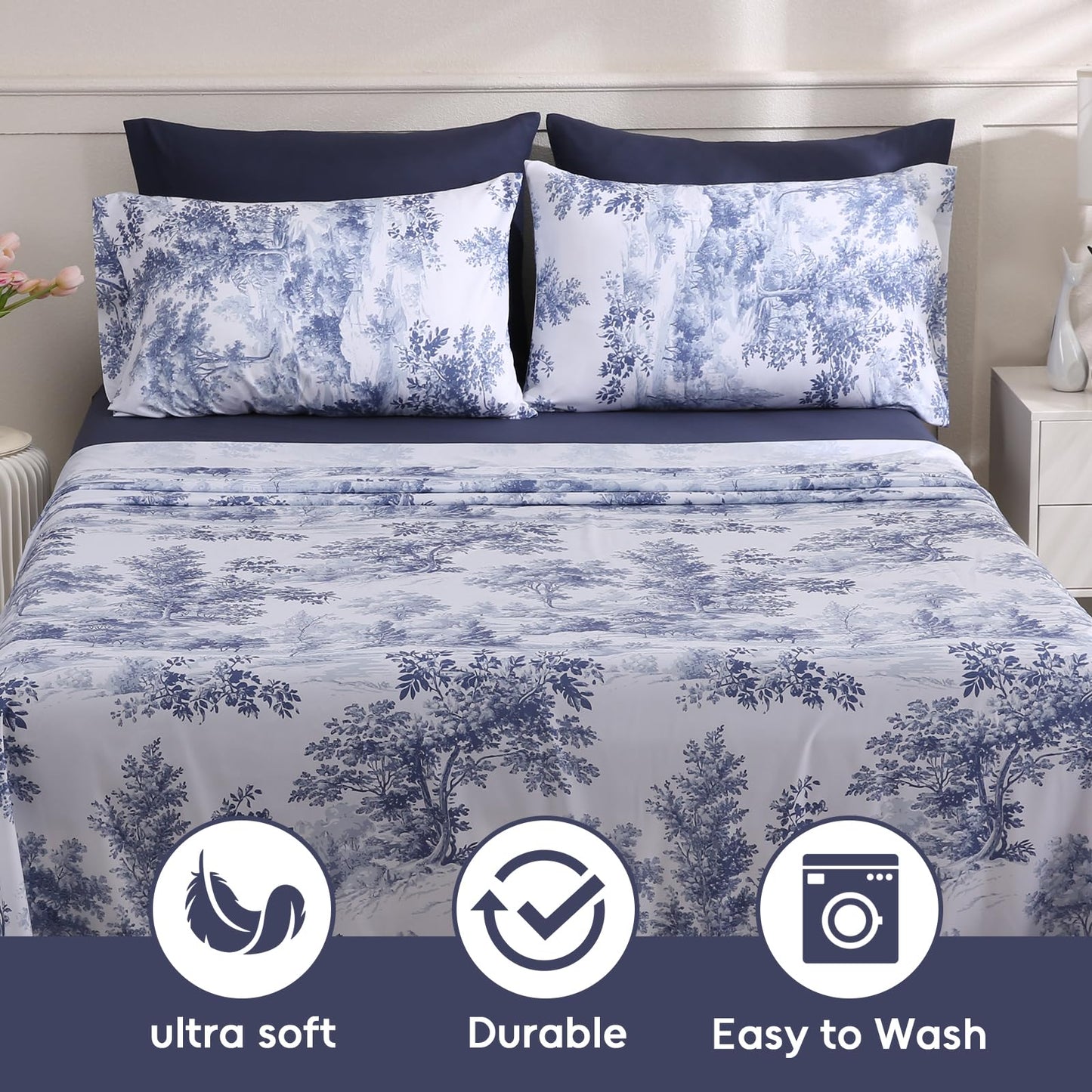 LONAVA Botaincal King Size 6 Pcs Sheet Set, Breathable Microfiber Deep Pocket Navy Fitted Sheets, Comfy & Breathable Patterned Flat Sheets,4 Gentle Soft Pillowcases, Blue Forest