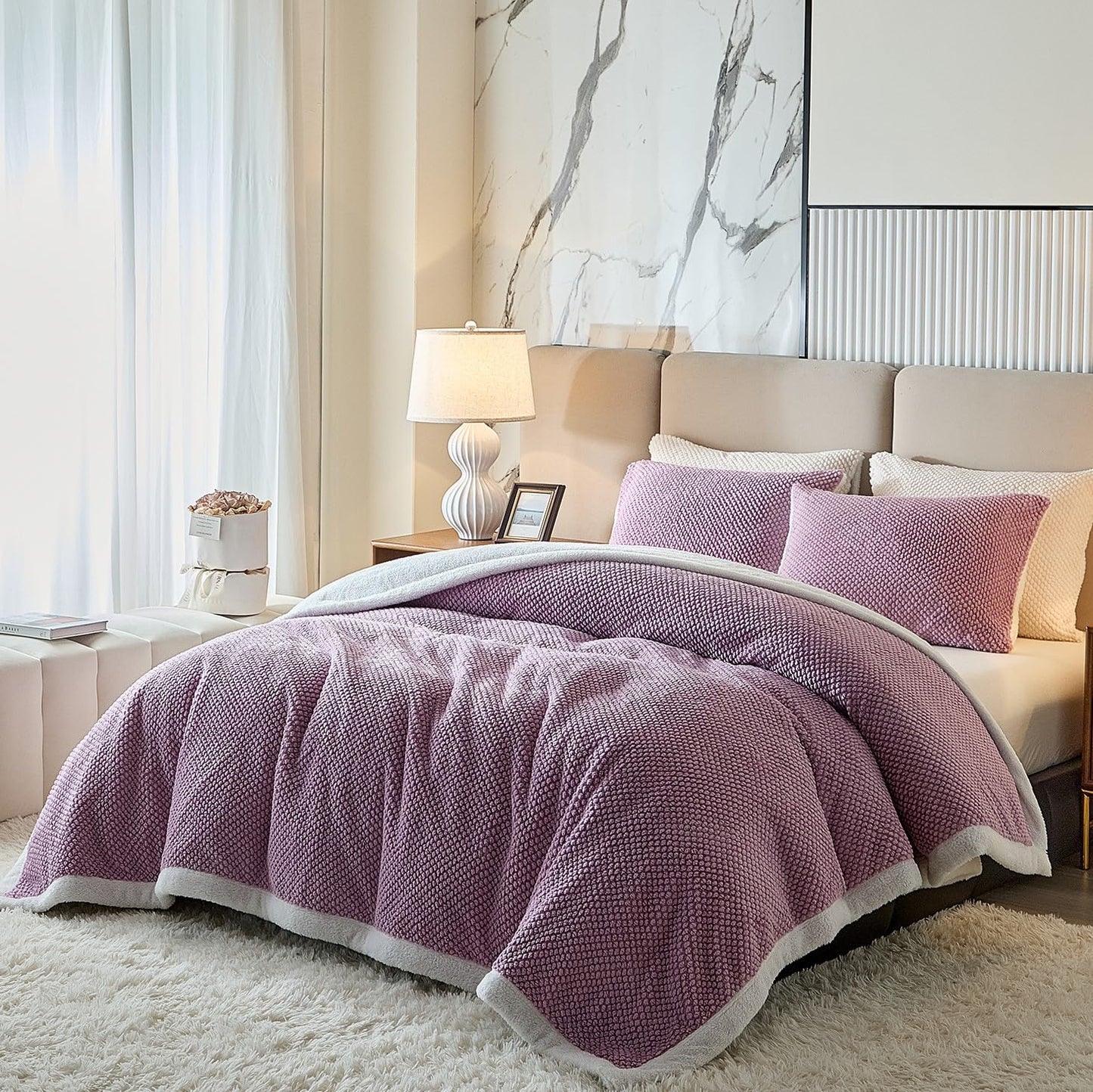 Luxury Flannel Fleece Sherpa Blankets Twin Size for Bed, Jacquard Boho 3-Layer Thick and Warm Blanket for Winter, Soft Cozy Fuzzy Plush Velvet Blanket with 2 Pillow Cases, Purple, 68x86 Inches