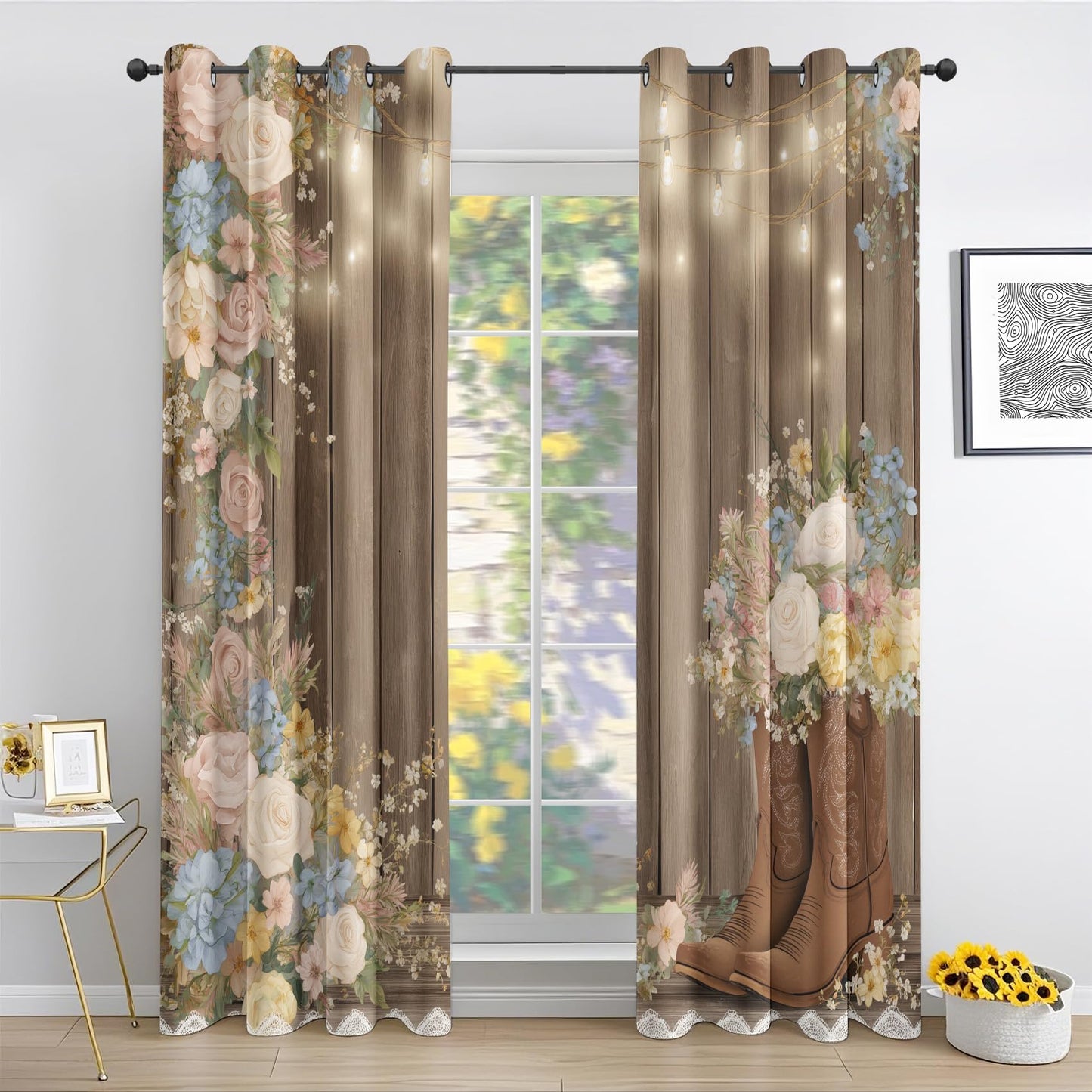 Rustic Western Curtains 63 Inch Length 2 Panels, Cowboy Boot Floral Blackout Curtains for Bedroom Living Room, Brown Wooden Door Drapes Grommet Thermal Insulated 52Wx63L Inch Window Decor UG&228