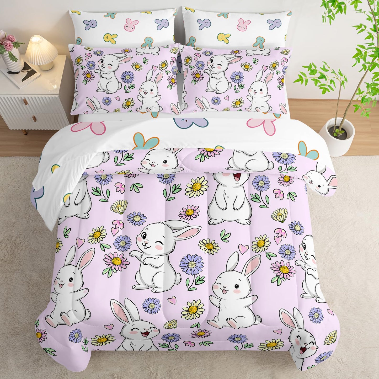 AILONEN Floral Rabbit Comforter Set Twin Size,7-Piece Soft Bed in a Bag, Cute Bunny Kawaii Comforter & Fitted Sheet & Flat Sheet & 2 Pillowcases,2 Pillow Shams